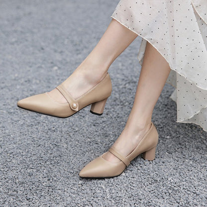 Women Pointed Toe Pearl High Heel Chunky Pumps