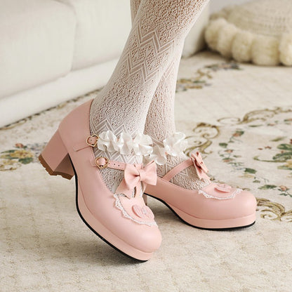 Women Flower Bowtie Chunky Heel Platform Pumps