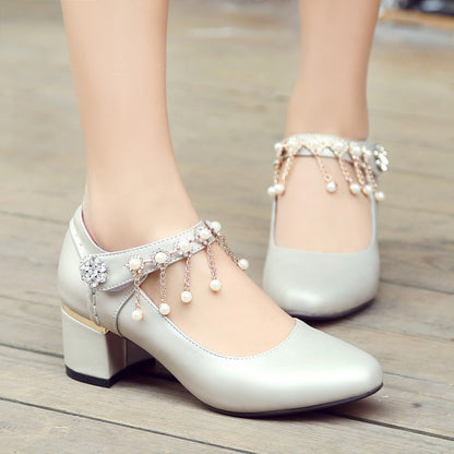 Women Rhinestone Tassel High Heeled Chunky Heels Pumps