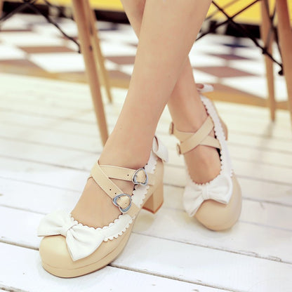 Women Chunky Heel Pumps Mary Janes Shoes with Bowtie