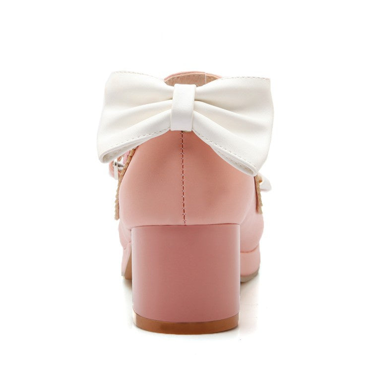 Women Chunky Heel Pumps Mary Janes Shoes with Bowtie