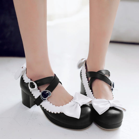 Women Chunky Heel Pumps Mary Janes Shoes with Bowtie