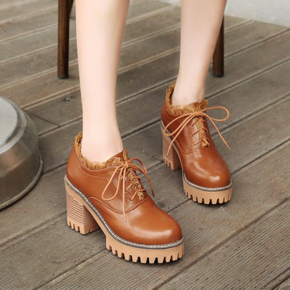 Women Lace Up Chunky High Heels Shoes