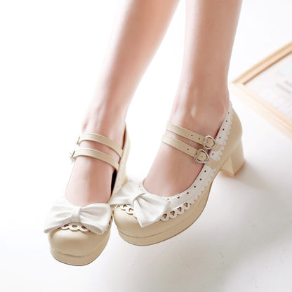 Women Double Straps Chunky Heel Pumps Mary Janes Shoes with Bowtie