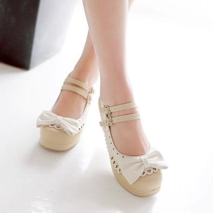 Women Double Straps Chunky Heel Pumps Mary Janes Shoes with Bowtie