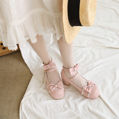 Women Chunky Heel Pumps Mary Janes Shoes with Bowtie