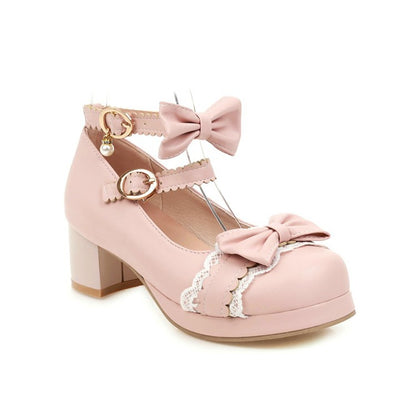 Women Chunky Heel Pumps Mary Janes Shoes with Bowtie