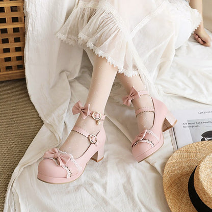 Women Lace Chunky Heel Pumps Mary Janes Shoes with Bowtie