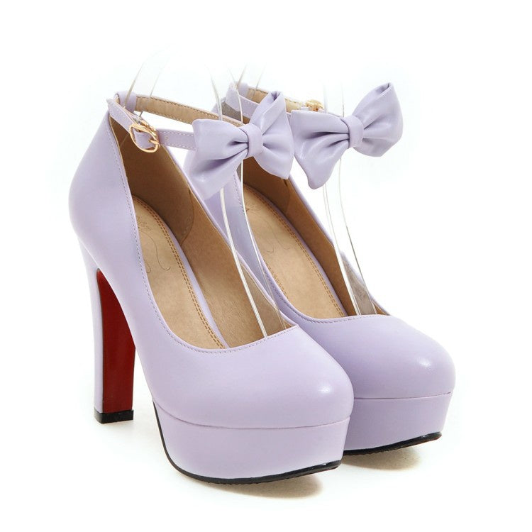 Women Ankle Strap Bowtie Platform Pumps High Heels Shoes