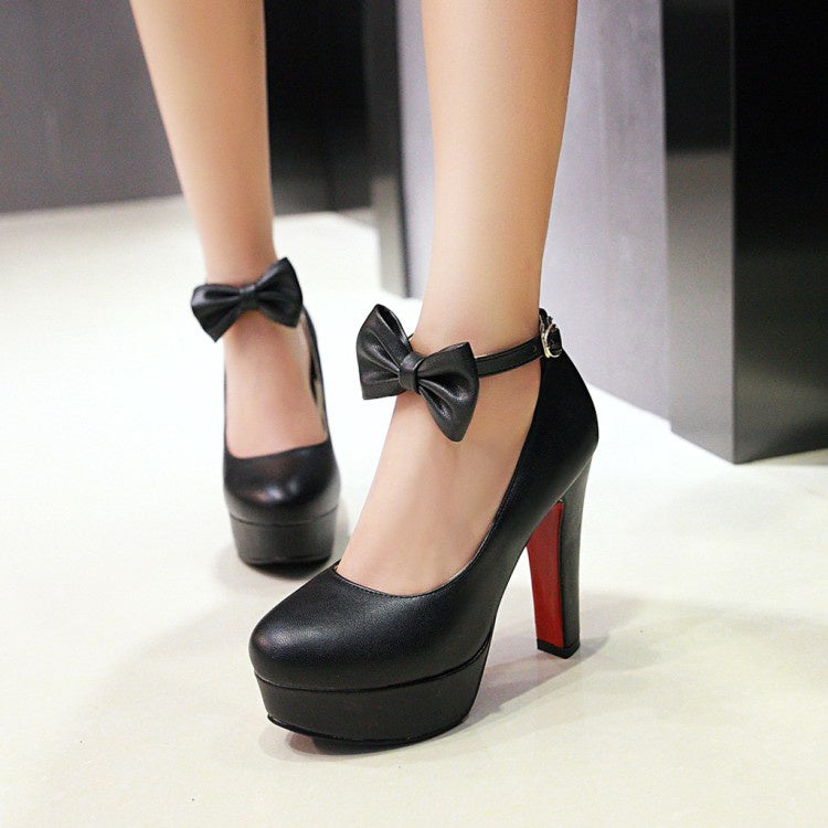 Women Ankle Strap Bowtie Platform Pumps High Heels Shoes