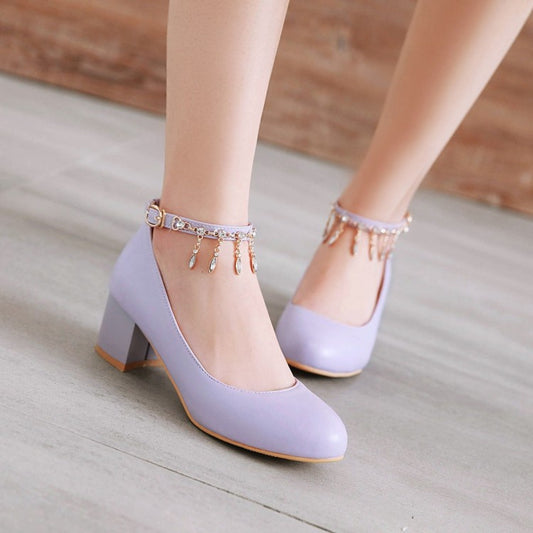 Women Rhinestone Ankle Strap Pumps Chunky Heeled Shoes