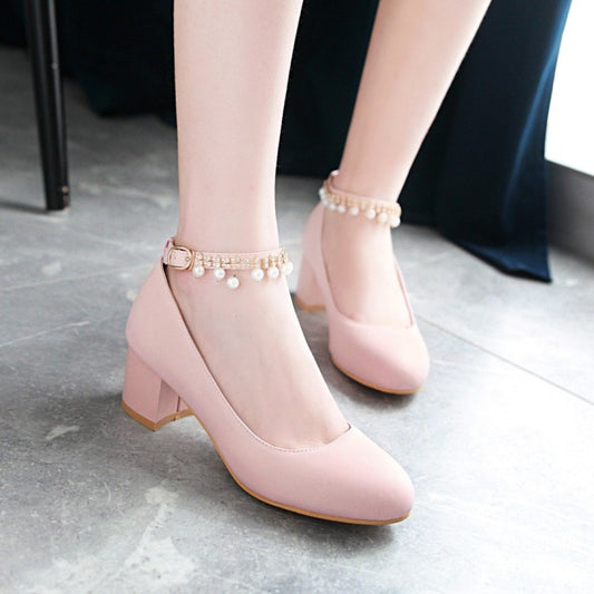 Women Pearl Ankle Strap Pumps Chunky Heeled Shoes