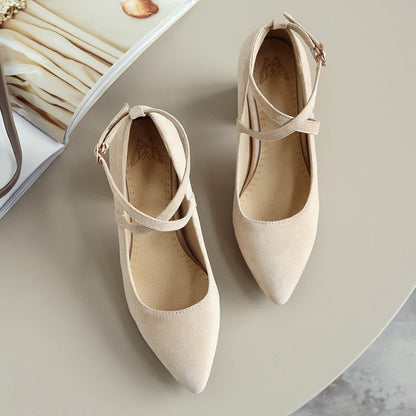 Women Pointed Toe Buckle High Heeled Chunky Heels Pumps