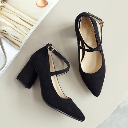 Women Pointed Toe Buckle High Heeled Chunky Heels Pumps