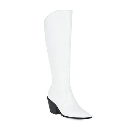 Women Pointed Toe Chunky Heel Knee High Boots