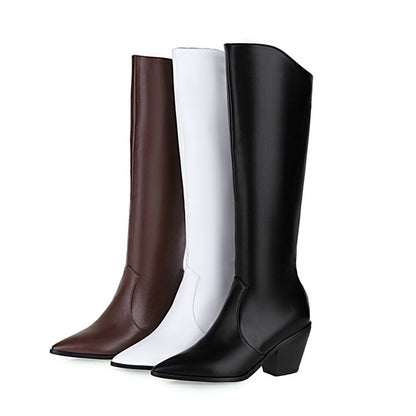 Women Pointed Toe Chunky Heel Knee High Boots