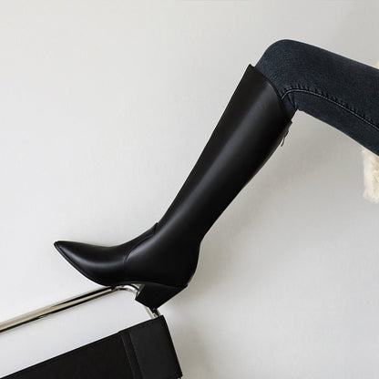 Women Pointed Toe Chunky Heel Knee High Boots