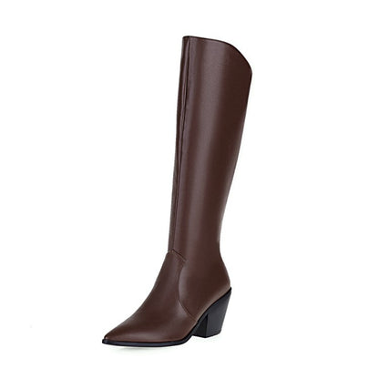 Women Pointed Toe Chunky Heel Knee High Boots