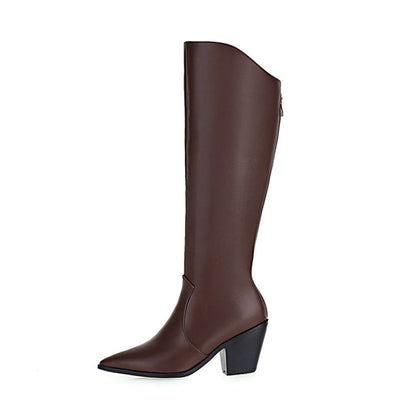 Women Pointed Toe Chunky Heel Knee High Boots