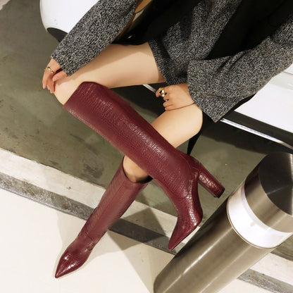 Women Pointed Toe High Heel Knee High Boots