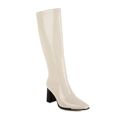 Women Square Toe High Heel Knee High Boots