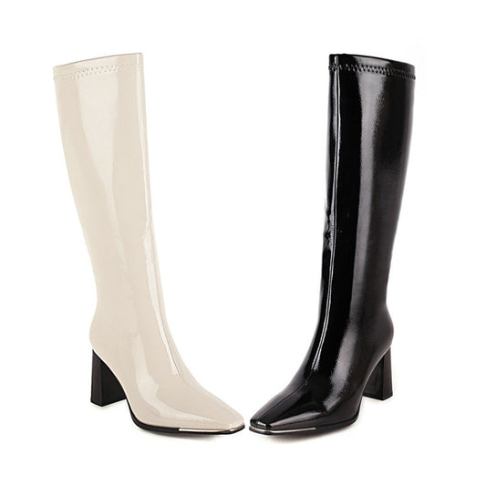 Women Square Toe High Heel Knee High Boots