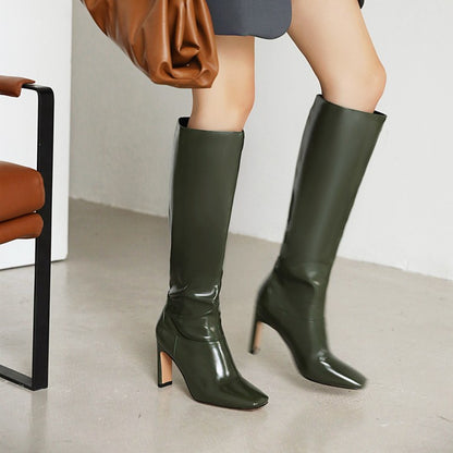 Women Square Toe High Heel Knee High Boots