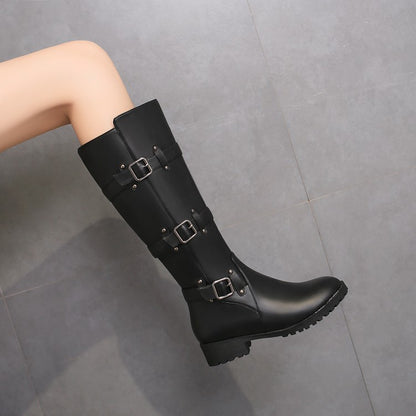 Women Buckle High Heel Knee High Boots