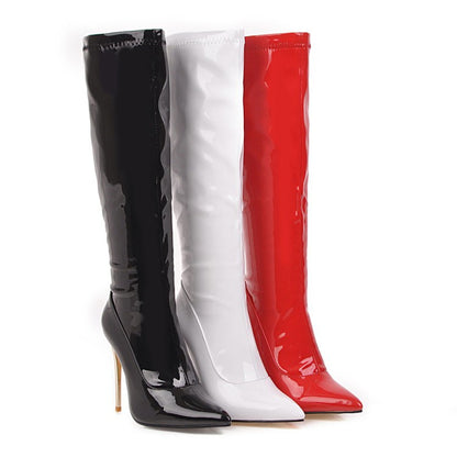 Women Patent Leather High Heel Knee High Boots