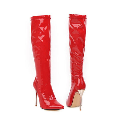 Women Patent Leather High Heel Knee High Boots