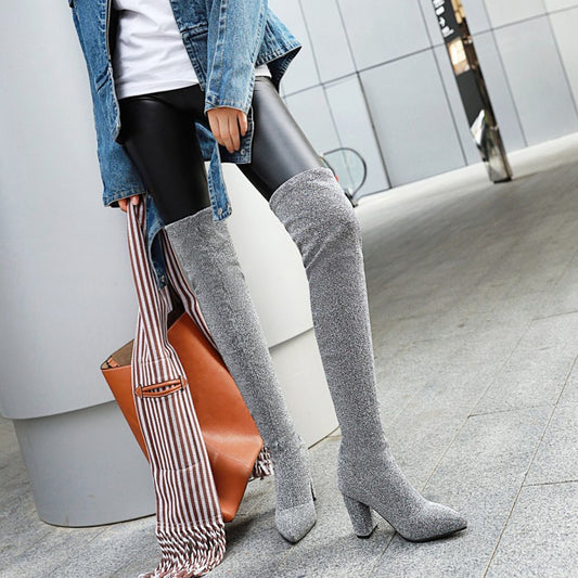 Women Pointed Toe Chunky Heel Knee High Boots