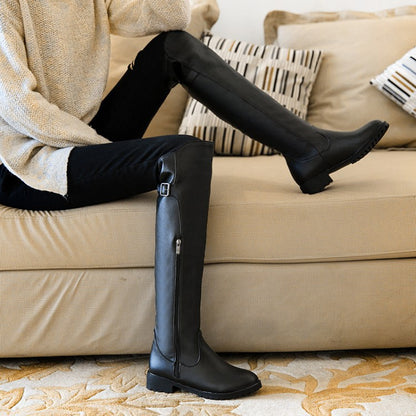 Women Zipper Buckle Belt Knee High Boots