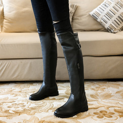 Women Zipper Buckle Belt Knee High Boots