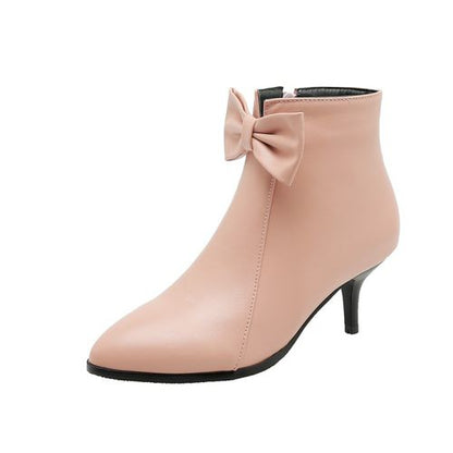 Women Pointed Toe Bowtie High Heels Ankle Boots