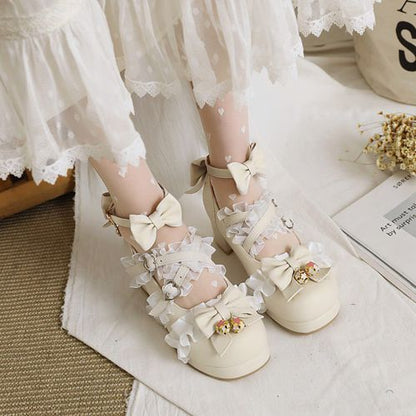 Women Pumps Lace Pearl Mary Janes Shoes with Bowtie