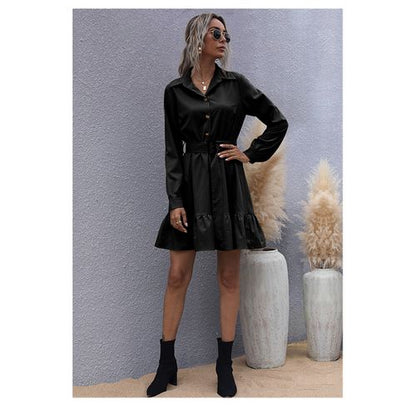 Women Solid Color Pleated Long Sleeved Dress with Belt