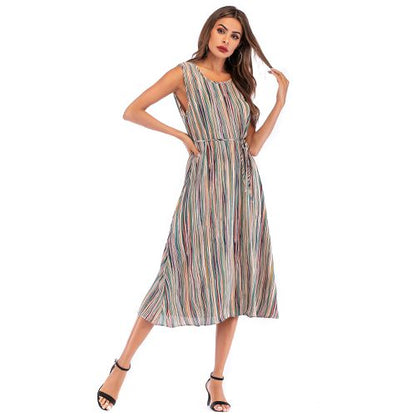 Round Collar Vertical Striped Sleeveless Vest Skirt Color Striped Straps Women Dresses