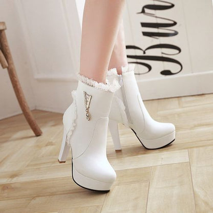 Women's Lace Rhinestone High Heels Platform Short Boots