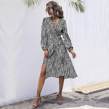 Women Striped V-neck Lace Mid-length Dress