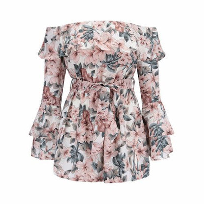 Off Shoulder Floral Long Sleeves Bell Sleeve Tied Belt Jumpsuit Women's Dresses