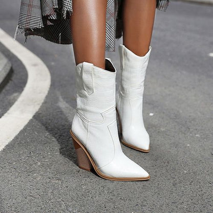 Women Pointed Toe Chunky High Heel Short Boots