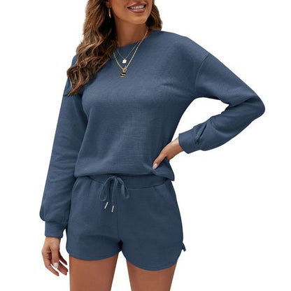 Women Long Sleeve T Shirt Tops Shorts Solid Color Home Two-piece Suit