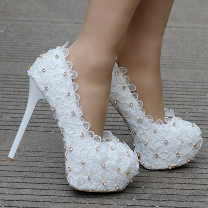 Women Round Toe Lace Embroidery Rhinestone Bridal Stiletto Heel Platform Pumps Wedding Shoes