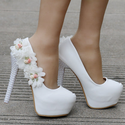 Women Almond Toe Pearls Flora Stiletto Heel Platform Pumps Bridal Wedding Shoes