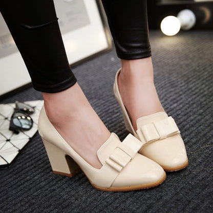 Chunky High Heels Bow Shallow Toe Women Pumps