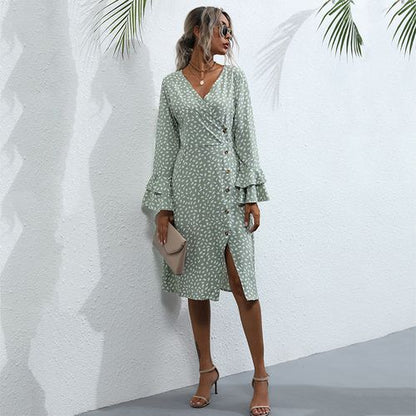 Women Lotus Leaf Sleeve Printed Long Sleeved Chiffon Dress