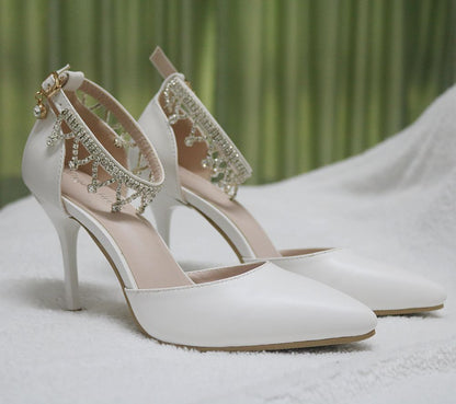 Women Pointed Toe Rhinestone Ankle Strap Bridal Wedding Shoes Stiletto Heel Sandals