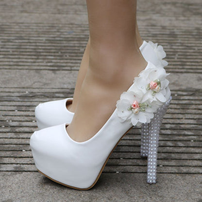 Women Pearls Almond Toe Flora Bridal Stiletto Heel Platform Pumps Wedding Shoes