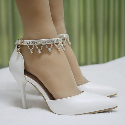 Women Pointed Toe Rhinestone Ankle Strap Bridal Wedding Shoes Stiletto Heel Sandals