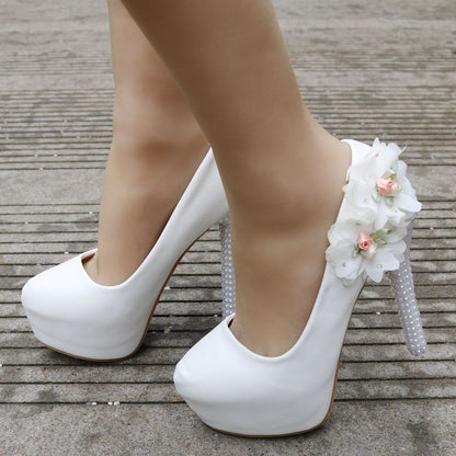 Women Pearls Almond Toe Flora Bridal Stiletto Heel Platform Pumps Wedding Shoes